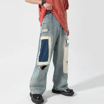 Aidase 2024 Men's Hole Casual Jean Beggar Pants High Street wear Spliced Jeans Summer Trendy Worn Out Wide Leg Denim Pants streetwear aidase-shop